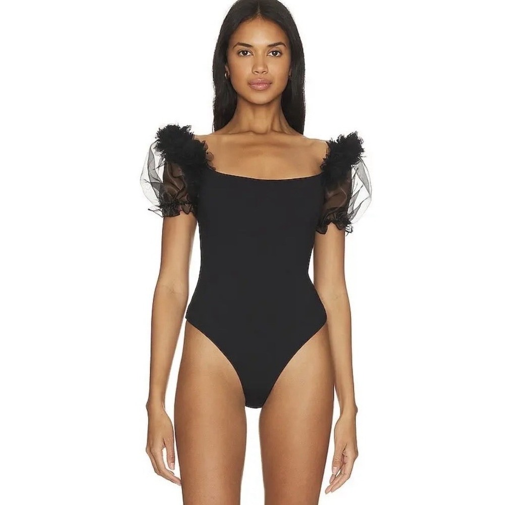 Free People Pretty Petals Bodysuit Size Small Black Sheer Puff Sleeve Floral NWT